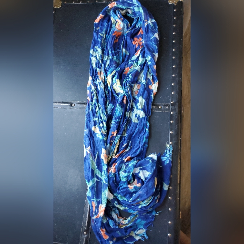 Lands' End Vibrant Blue Floral Scarf, Fringed Edges, 70"